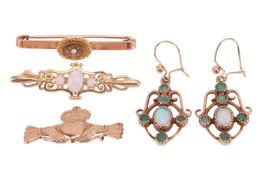 Three brooches and a pair of pendant earrings; including an Irish Claddagh brooch stamped from a pin