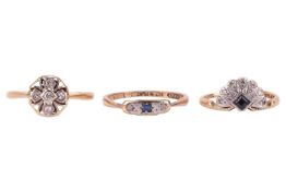 Three Art Deco dress rings; to include a flowerhead ring set with single-cut diamond cluster, yellow
