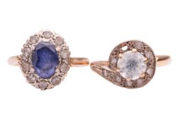 Two rings, comprising a sapphire and paste cluster ring, to a yellow metal shank marked '9ct', size 