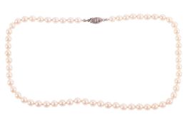 A single-strand cultured pearl necklace, the graduated row of 5.7mm - 5.9mm pearls terminating with 