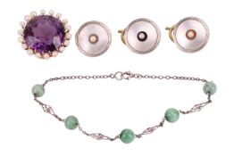 A small group of jewellery items; comprising a cluster brooch featuring a circular-cut amethyst and 