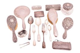 A collection of silver comprising of four spoons, two forks, a sugar tong, two silver snuff boxes em