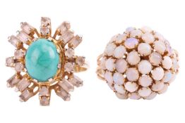 Two gem-set rings; comprising an opal bombe-style ring, set with precious opal of round cabochon for