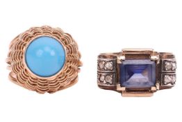 A sapphire and diamond ring and a turquoise coloured cabochon; The sapphire and diamond ring of geom