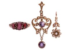 Three jewellery items comprising an amethyst and seed pearl guirlande pendant, of scrolling foliate 