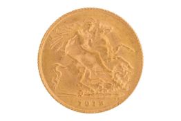 A George V half sovereign, 1913, obverse bare head to the left.