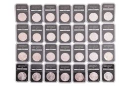A Morgan dollar coin collection of 22 from 1878-1890, 1896-1902, 1904 and 1921; and a set of 6 Peace