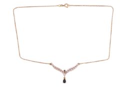 A sapphire and diamond-set necklace, the V-shaped necklace set with single-cut diamonds and leading 