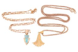 Two pendants comprising an Egyptian-style lotus flower pendant, tested as 18ct gold and measuring ap