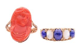 A corallium rubrum cameo ring and a lapis lazuli and moonstone five-stone ring 1st) The oval carved 