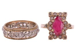 Two 9ct gold rings set with paste; the first centred with a marquise-cut synthetic ruby in a rectang