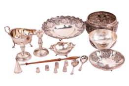 A group of Silver and white metal items; A Mappin & Webb silver sauce boat with gadrooned edge d