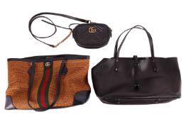 A Gucci Ophidia straw shopping tote, with navy leather shoulder straps, matching trims and gold-tone