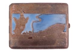 A French Art Deco cigarette case, of rectangular form, cover engraved with an illustration of two ca