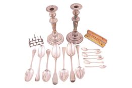 A pair of silver serving spoons, of fiddle pattern, handle engraved with monogram ‘SG’, London, 1816