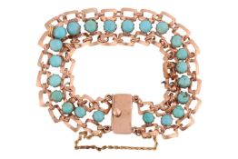 A turquoise-set bracelet, featuring two rows of open circle links, connected by claw-set round turqu