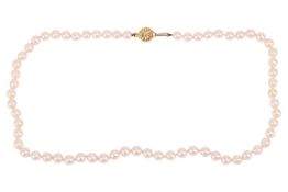 A cultured pearl necklace, the pearls of cream body and silver overtones, measuring approximately 6.