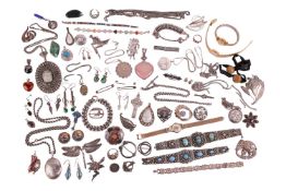 A group of silver, white metal and other base metal jewellery, including examples of two engraved si