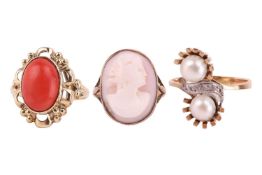 Three rings; comprising a shell cameo ring, depicting the profile of a lady, in a yellow metal mount