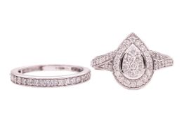 A diamond-set engagement ring and matching band, the pear-shaped cluster set with round brilliant di