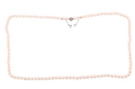 An opera-length cultured pearl necklace, the pearls of cream body with pink overtones and measuring 