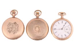 Three gold plated pocket watches comprising an Elgin having keyless wound movement and white dial wi