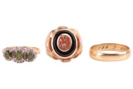 A three-stone green tourmaline and diamond cluster ring, a signet ring and a yellow metal band; The 