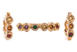A gem-set gold-plated Pandora x The Avengers ring and earrings, the ring set with six coloured cubic