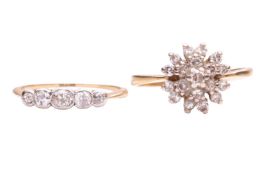 Two diamond set rings; One diamond cluster set ring in 18ct gold, estimated total diamond carat weig