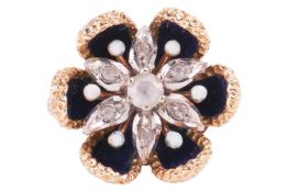 An enamel flowerhead ring, the curved blue enamel petals surrounded a white metal and enamel stamen,