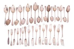 A group of Old English pattern flatware, all hallmarked in London, varying dates; Nine dinner forks,