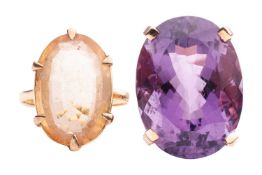 Two gem-set dress rings; One amethyst claw set ring, stone measures approximately 23.1mm x 17.1mm x 