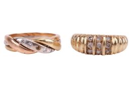 Two diamond set rings; One diamond-set ring in tri-coloured metal, one diamond deficient, estimated 