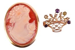 A suffragette brooch and a cameo brooch; the brooch of giardinetti form, set with split pearls, circ