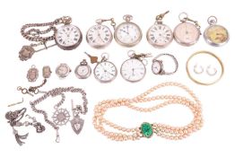 A group of items consisting of nine open-face pocket watches, two watch faces, two watch chains and 