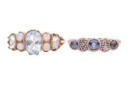 A pair of gem-set rings 1st) Composed of three slightly graduated oval-shaped aquamarine intersperse