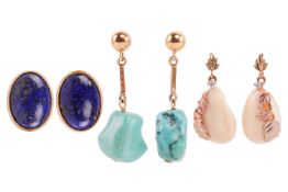 Three pairs of gem-set earrings Comprising of a pair of oval-shaped lapis lazuli earrings mounted in
