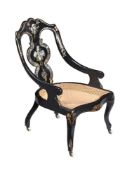 Y A VICTORIAN BLACK LACQUERED PAPIER MACHE AND MOTHER-OF-PEARL INLAID OCCASIONAL CHAIR