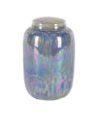 A RUSKIN POTTERY LOW-FIRED 'DELPHIMIUM BLUE' LUSTRE CADDY AND COVER