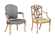 A GEORGE III GILTWOOD OPEN ARMCHAIR