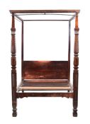 A VICTORIAN MAHOGANY AND BRASS INLAID FOUR POSTER BED