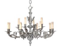 A SILVER COLOURED METAL TWELVE BRANCH CHANDELIER