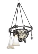 A WROUGHT METAL AND ALABASTER CEILING LIGHT