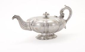 Y A WILLIAM IV IRISH SILVER LOBED CIRCULAR TEAPOT