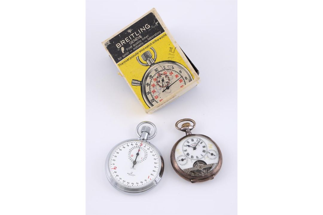 BREITLING, A CHROMED NICKEL KEYLESS WIND OPEN FACE STOP WATCH