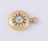 UNSIGNED, AN 18 CARAT GOLD KEYLESS WIND HALF HUNTER FOB WATCH