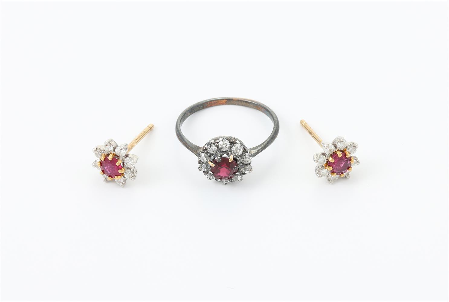 A DIAMOND AND RUBY CLUSTER EARRINGS AND RING - Image 2 of 2
