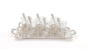 AN EDWARDIAN SCOTTISH SILVER TRAY AND SIX DRAM GLASSES