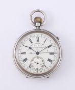 JOHN TAYLOR, ROCHDALE, A SILVER KEYLESS WIND OPEN FACE POCKET WATCH WITH STOP/START
