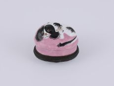 A GEORGE III SOUTH STAFFORDSHIRE ENAMEL SPANIEL BOX